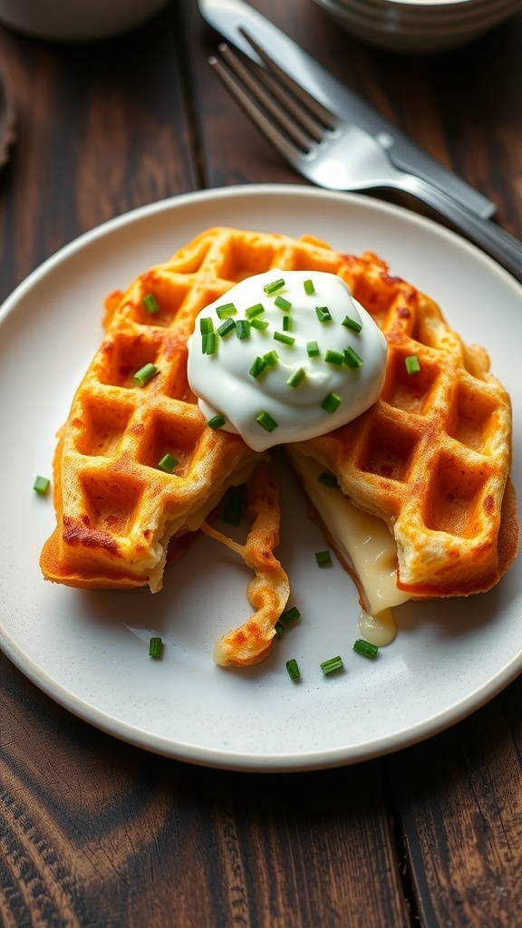 A crispy carnivore chaffle topped with sour cream and chives on a rustic table.